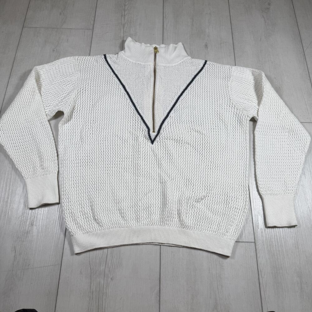 Varley Calva Half-Zip Open Knit Polo High Neck Sweater White Preppy Medium